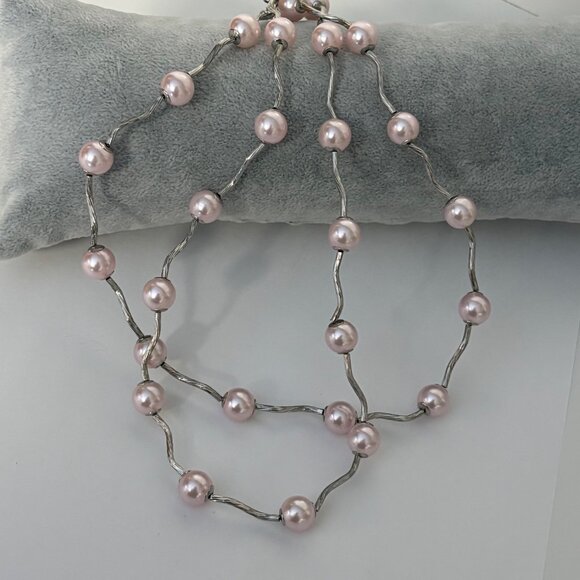 Pink Faux Pearl Silver Tone Necklace Double Strand Wavy Bar Beaded Jewelry - Picture 2 of 6